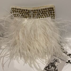 Betsey Johnson White Feather Clutch Purse Bohemian Bridal Look Gold Stud Detail